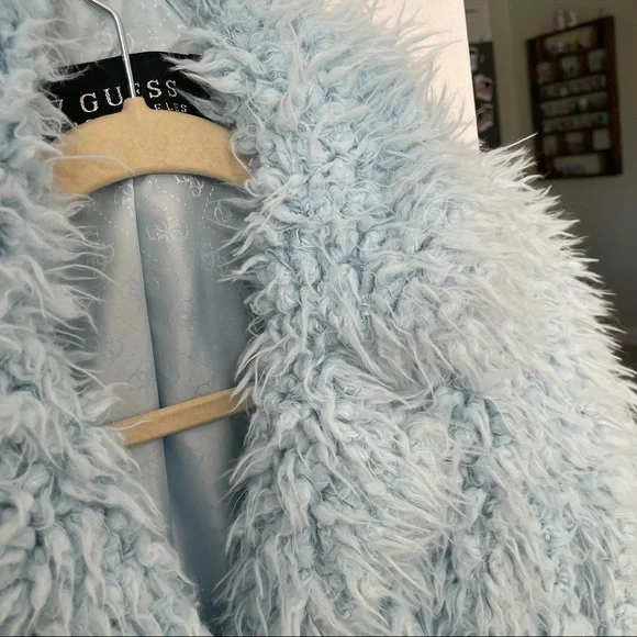 Guess Blue Fuzzy Faux Fur Jacket Ice Blue - Picture 7 of 9